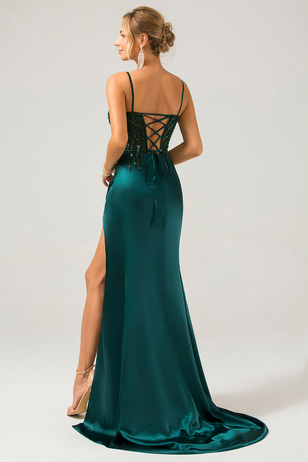 Vestido de fiesta largo con corsé plisado de lentejuelas de lentejuelas verde oscuro brillante con abertura