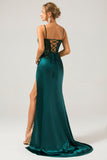 Vestido de fiesta largo con corsé plisado de lentejuelas de lentejuelas verde oscuro brillante con abertura