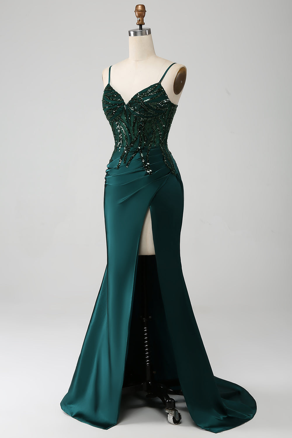 Vestido de fiesta de corsé plisado de lentejuelas de lentejuelas verde oscuro brillante con abertura