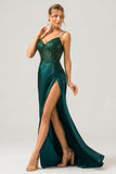 Vestido de fiesta largo con corsé plisado de lentejuelas de lentejuelas verde oscuro brillante con abertura