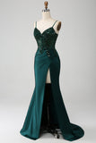 Vestido de fiesta de corsé plisado de lentejuelas de lentejuelas verde oscuro brillante con abertura