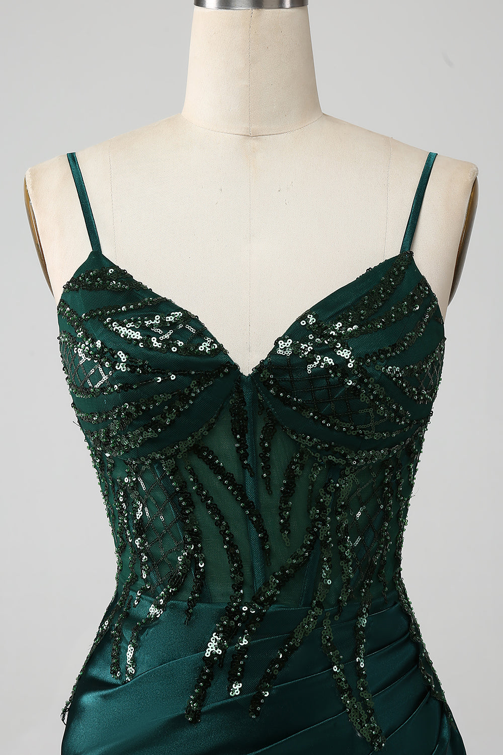 Vestido de fiesta de corsé plisado de lentejuelas de lentejuelas verde oscuro brillante con abertura