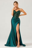 Vestido de fiesta largo con corsé plisado de lentejuelas de lentejuelas verde oscuro brillante con abertura