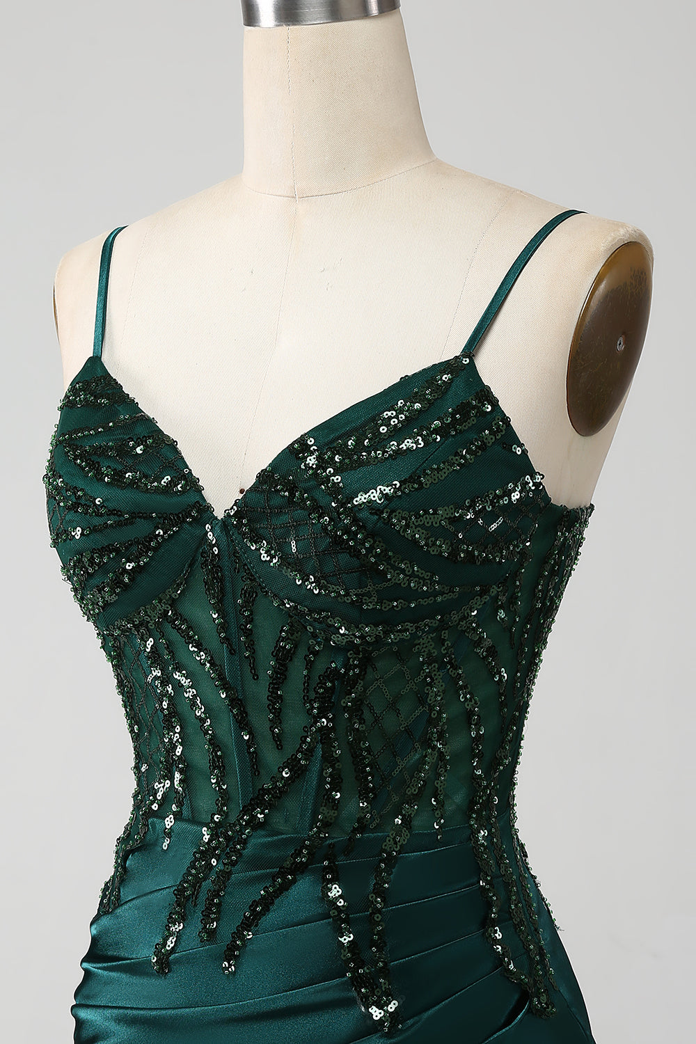 Vestido de fiesta de corsé plisado de lentejuelas de lentejuelas verde oscuro brillante con abertura
