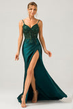 Vestido de fiesta largo con corsé plisado de lentejuelas de lentejuelas verde oscuro brillante con abertura