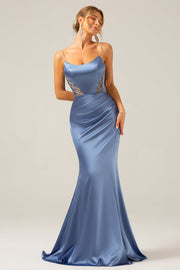 Vestido largo plisado de tirantes de satén gris azul sirena