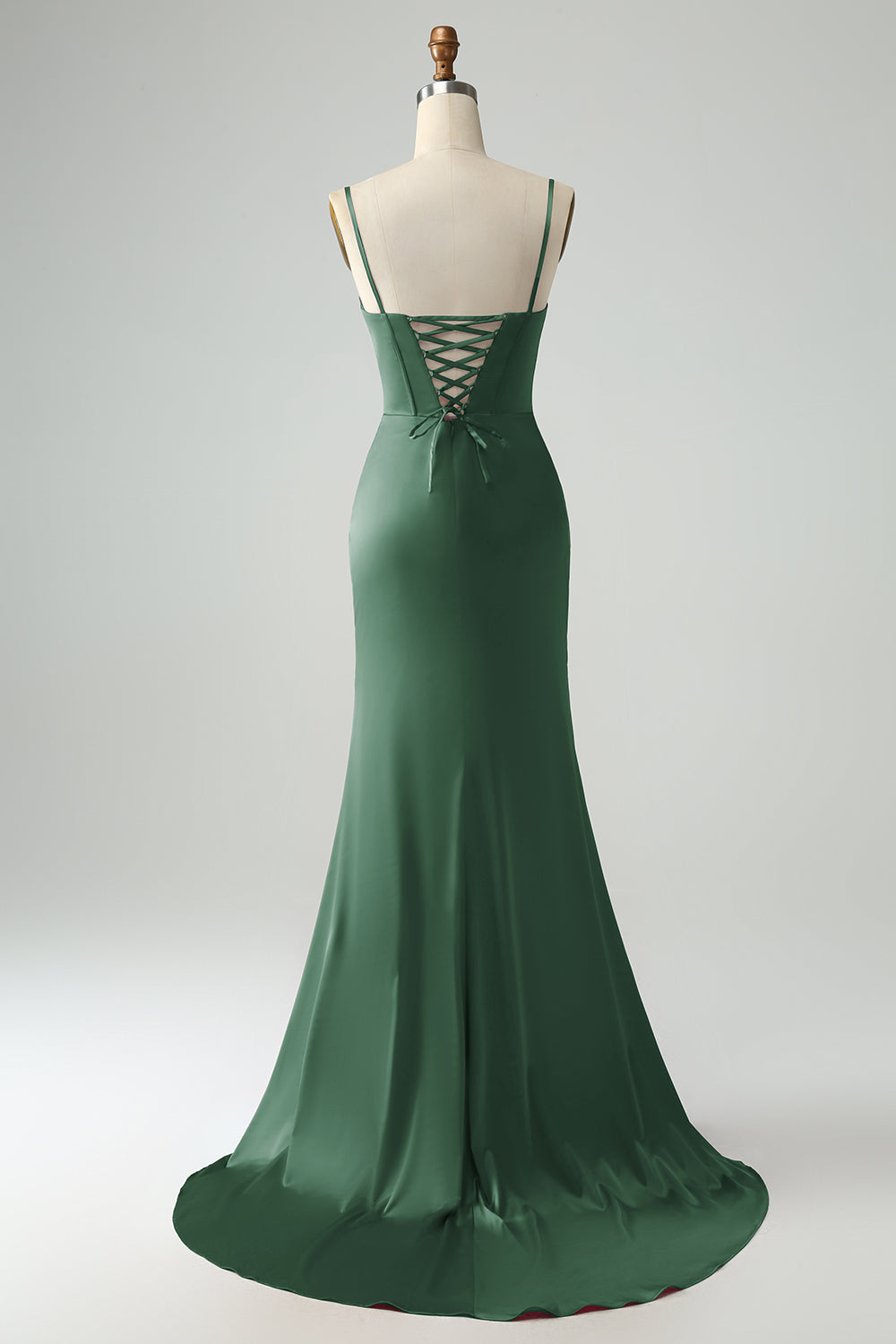 Vestido de fiesta de corsé largo con correas de espagueti de sirena eucalipto con abertura