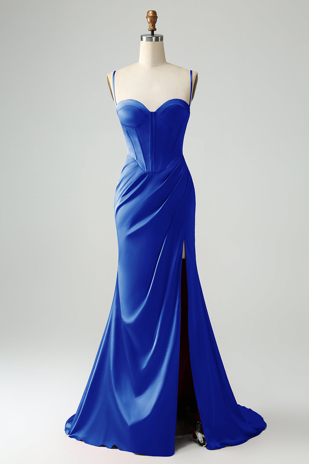 Vestido de fiesta de corsé largo con correas de espagueti de sirena eucalipto con abertura
