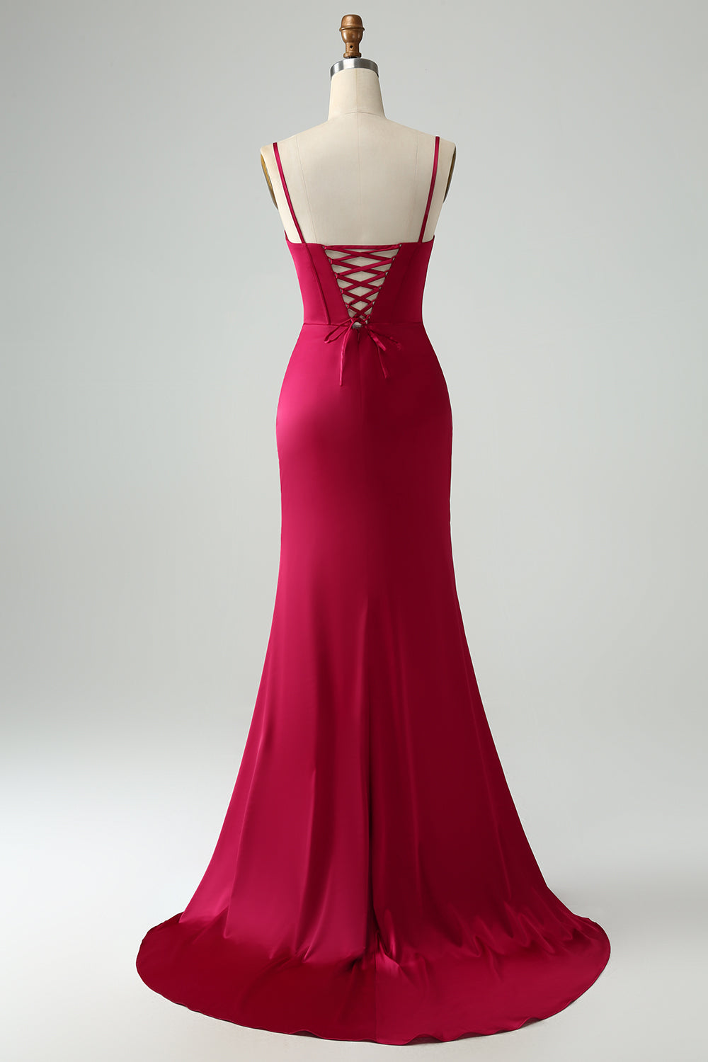 Vestido de fiesta de corsé largo con correas de espagueti de sirena burdeos con abertura