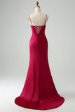 Vestido de fiesta de corsé largo con correas de espagueti de sirena burdeos con abertura