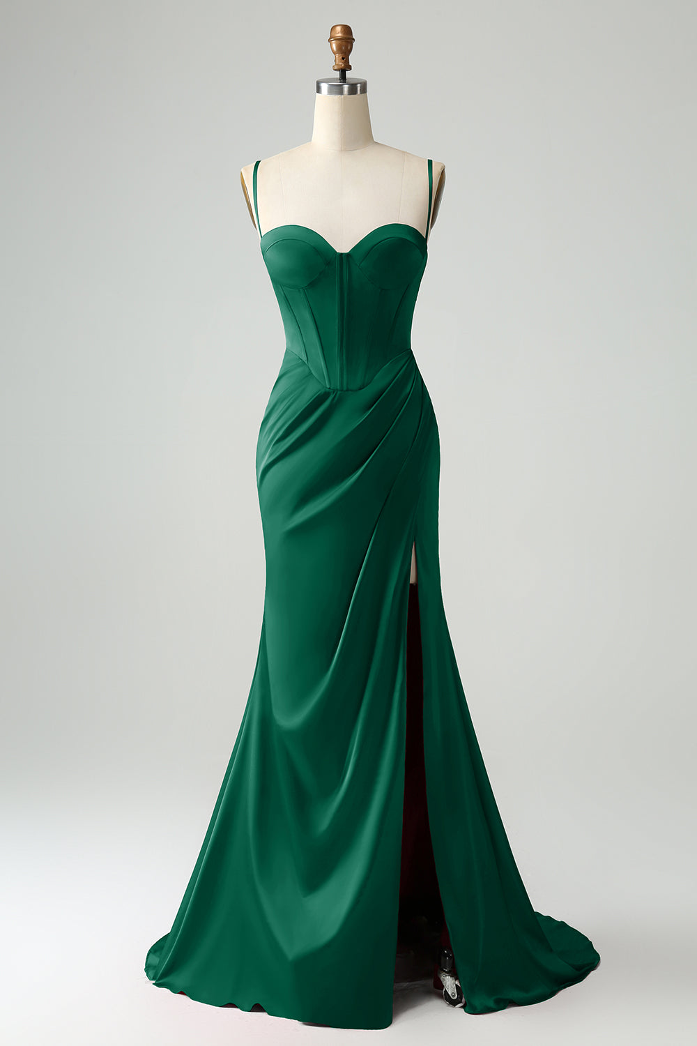 Vestido de fiesta de corsé largo con correas de espagueti de sirena burdeos con abertura