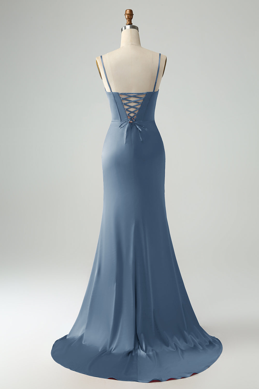 Vestido de fiesta de corsé largo con correas de espagueti de sirena burdeos con abertura