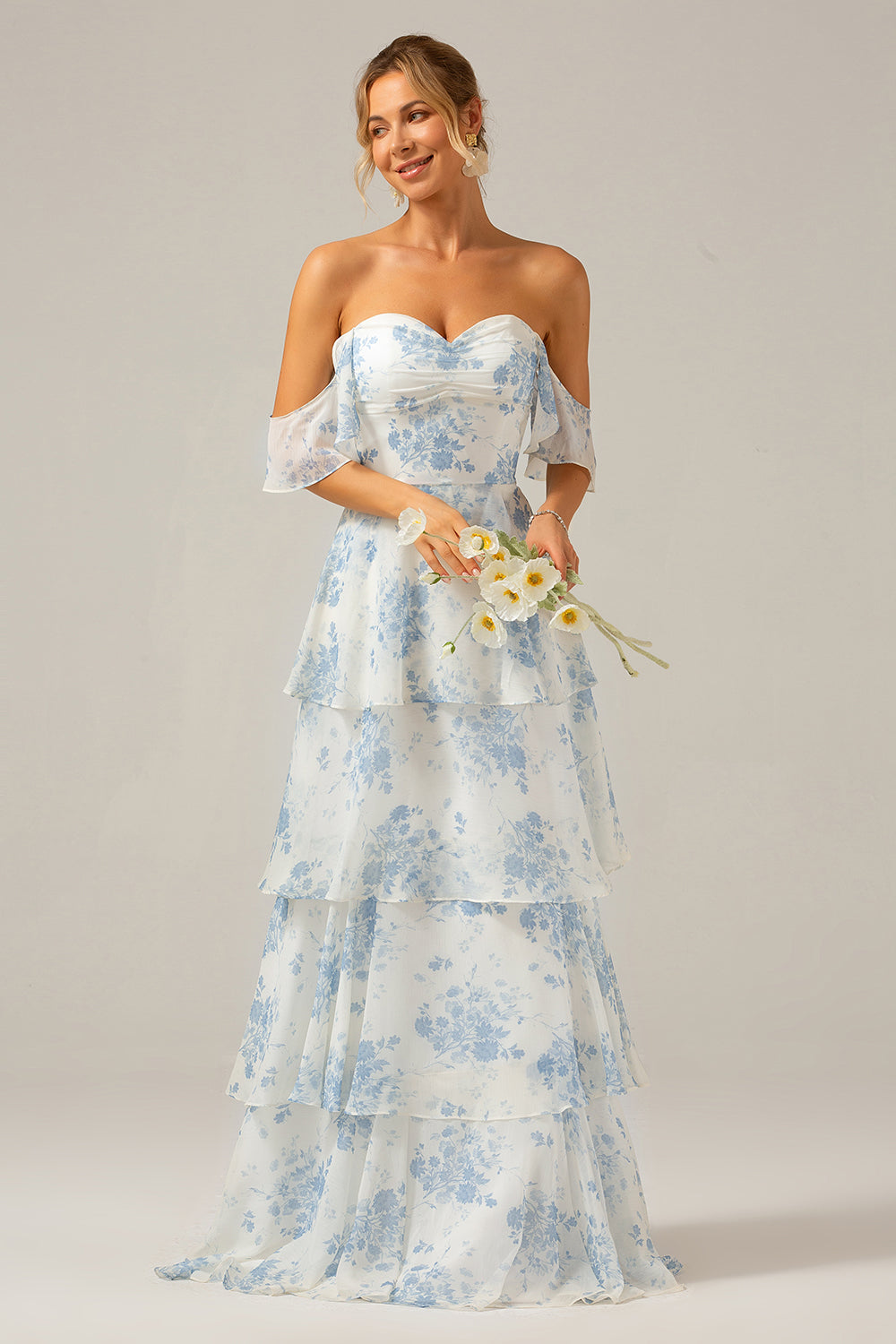 Vestido largo de dama de honor con volantes de gasa boho floral azul blanco