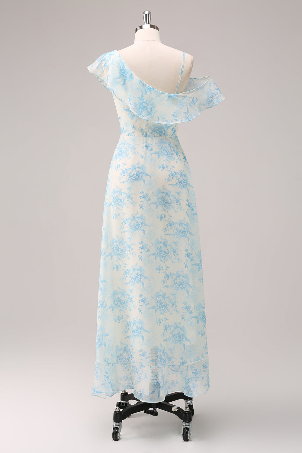 Elegante vestido de dama de honor de gasa de flor azul blanca de una línea con abertura