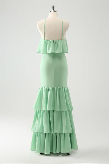 Vestido de invitada de boda escalonado de sirena de gasa verde