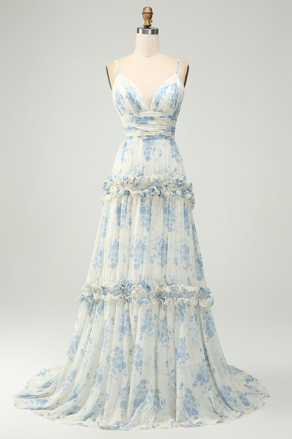 Flor Azul Blanco Una Línea Tirantes De Espagueti Vestido Largo De Tul De Dama De Honor Con Volantes