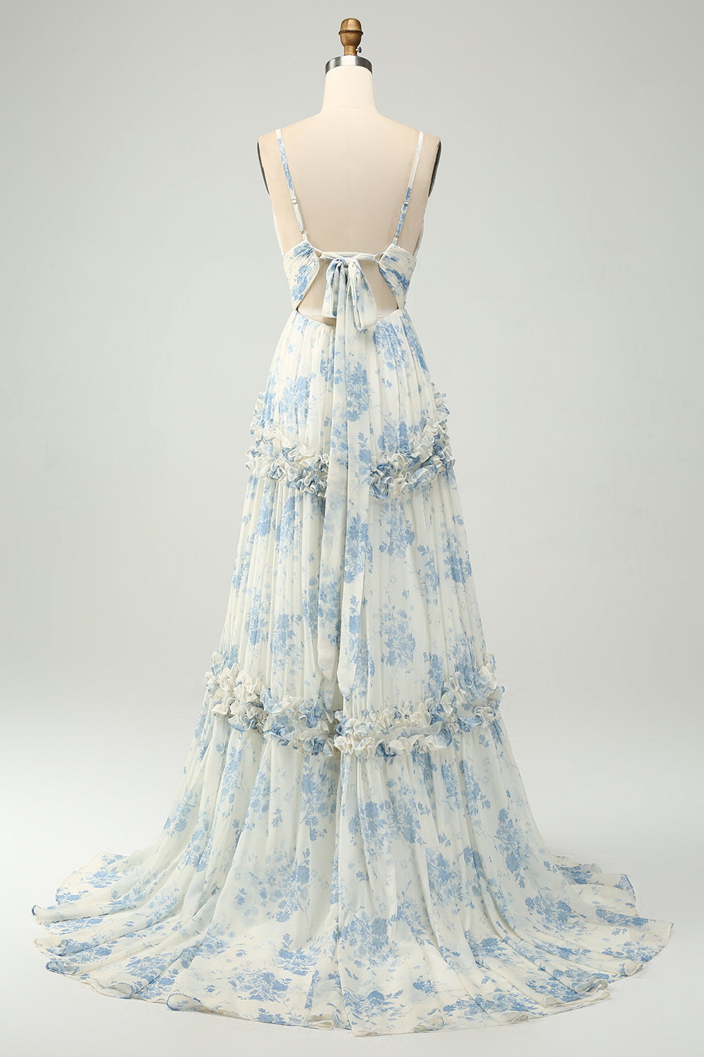 Flor Azul Blanco Una Línea Tirantes De Espagueti Vestido Largo De Tul De Dama De Honor Con Volantes