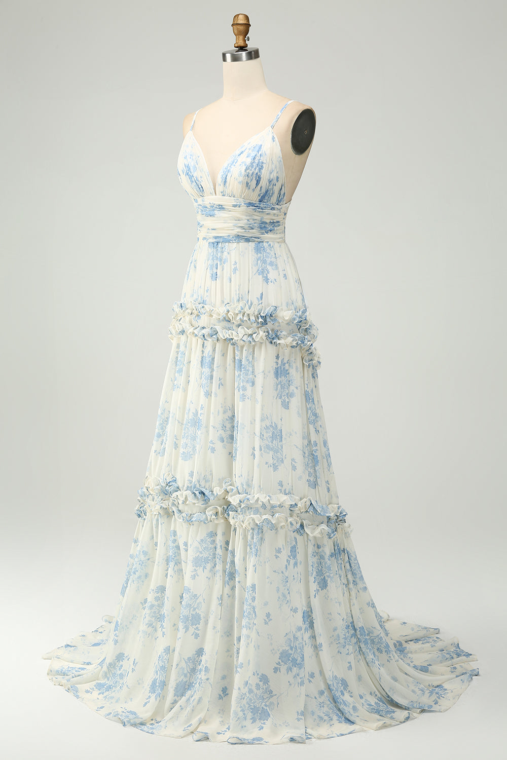 Flor Azul Blanco Una Línea Tirantes De Espagueti Vestido Largo De Tul De Dama De Honor Con Volantes