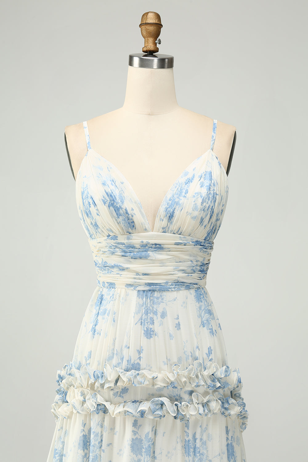 Flor Azul Blanco Una Línea Tirantes De Espagueti Vestido Largo De Tul De Dama De Honor Con Volantes