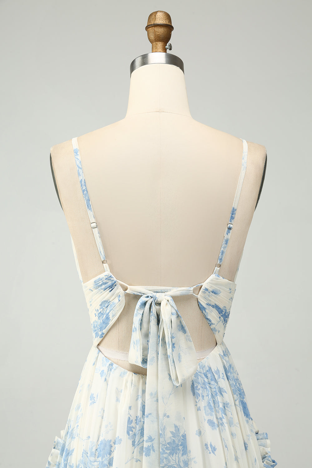 Flor Azul Blanco Una Línea Tirantes De Espagueti Vestido Largo De Tul De Dama De Honor Con Volantes