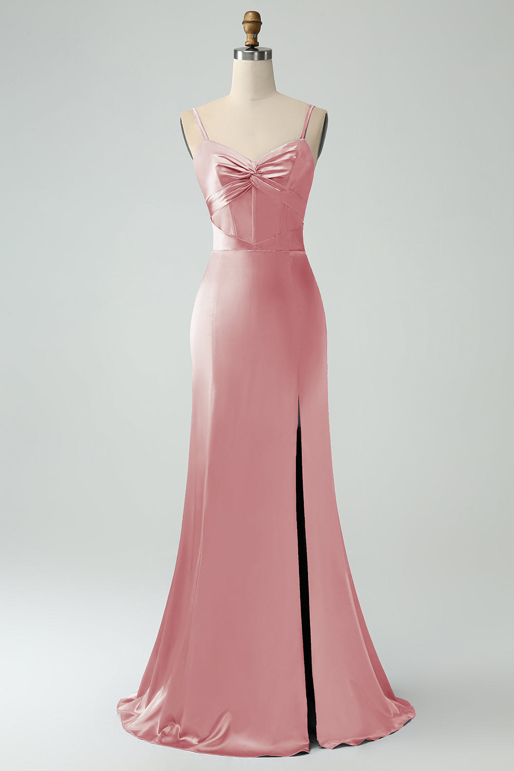 Rosa polvorienta Sirena Tirantes Espagueti Vestido Largo De Satén Dama De Honor Con Abertura