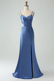 Gris Azul Sirena Tirantes Espagueti Vestido Largo De Satén Dama De Honor Con Abertura