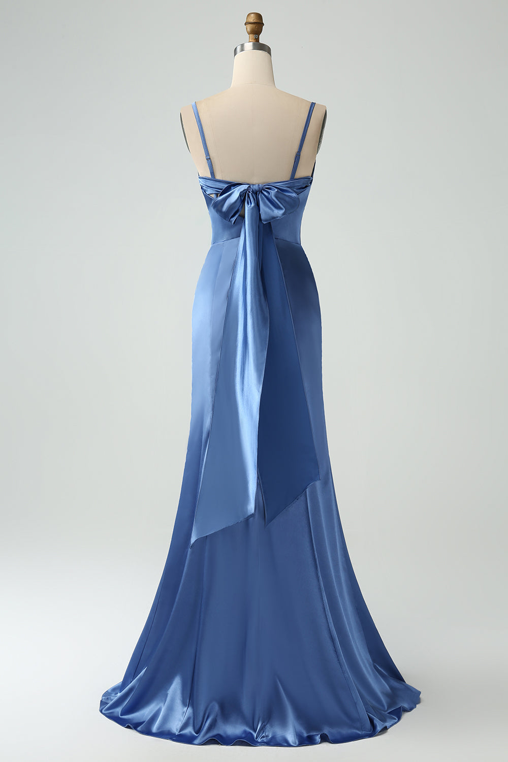 Gris Azul Sirena Tirantes Espagueti Vestido Largo De Satén Dama De Honor Con Abertura