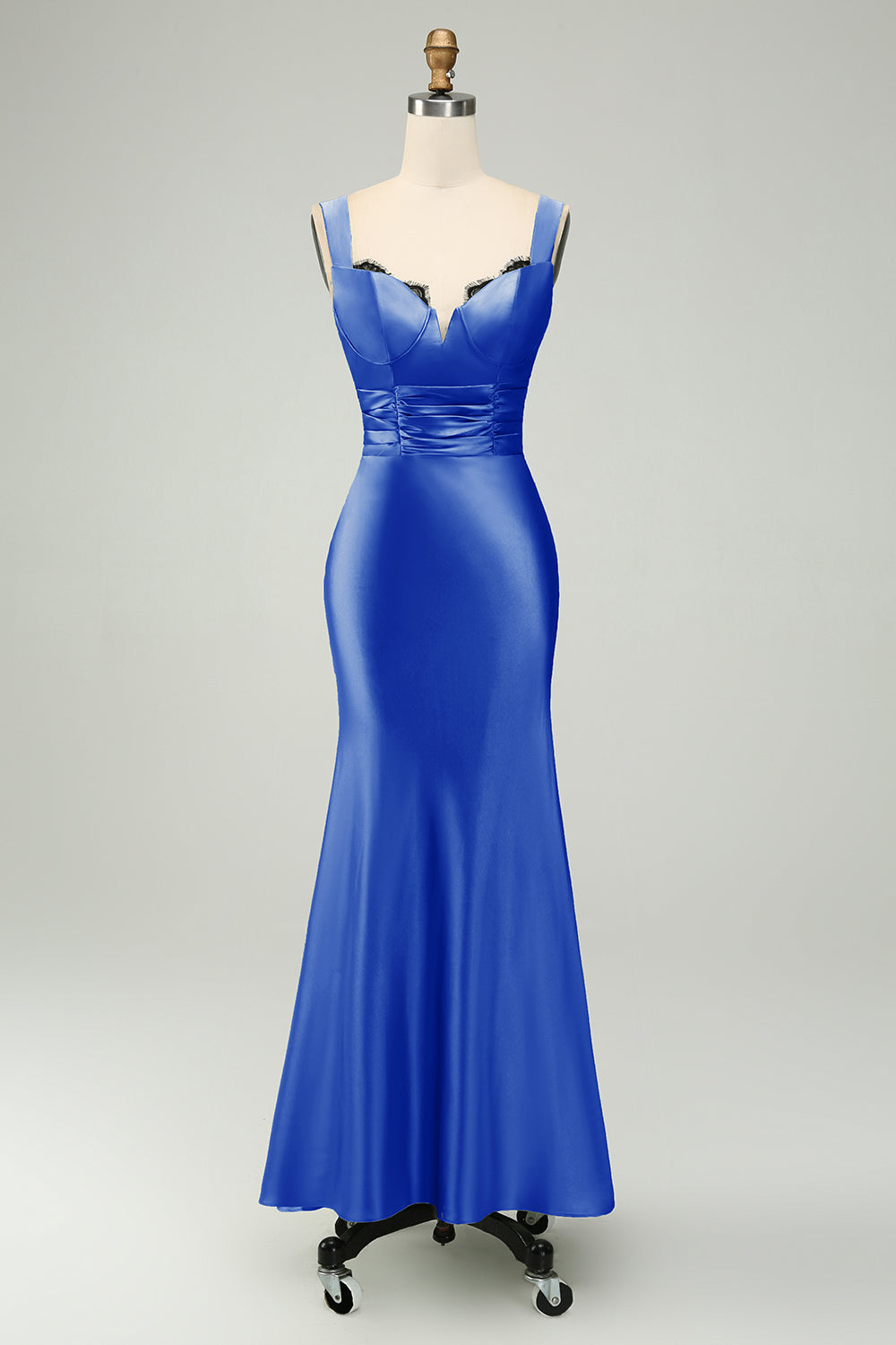 Vestido largo de dama de honor de sirena de satén rosa polvorienta con encaje de pestañas