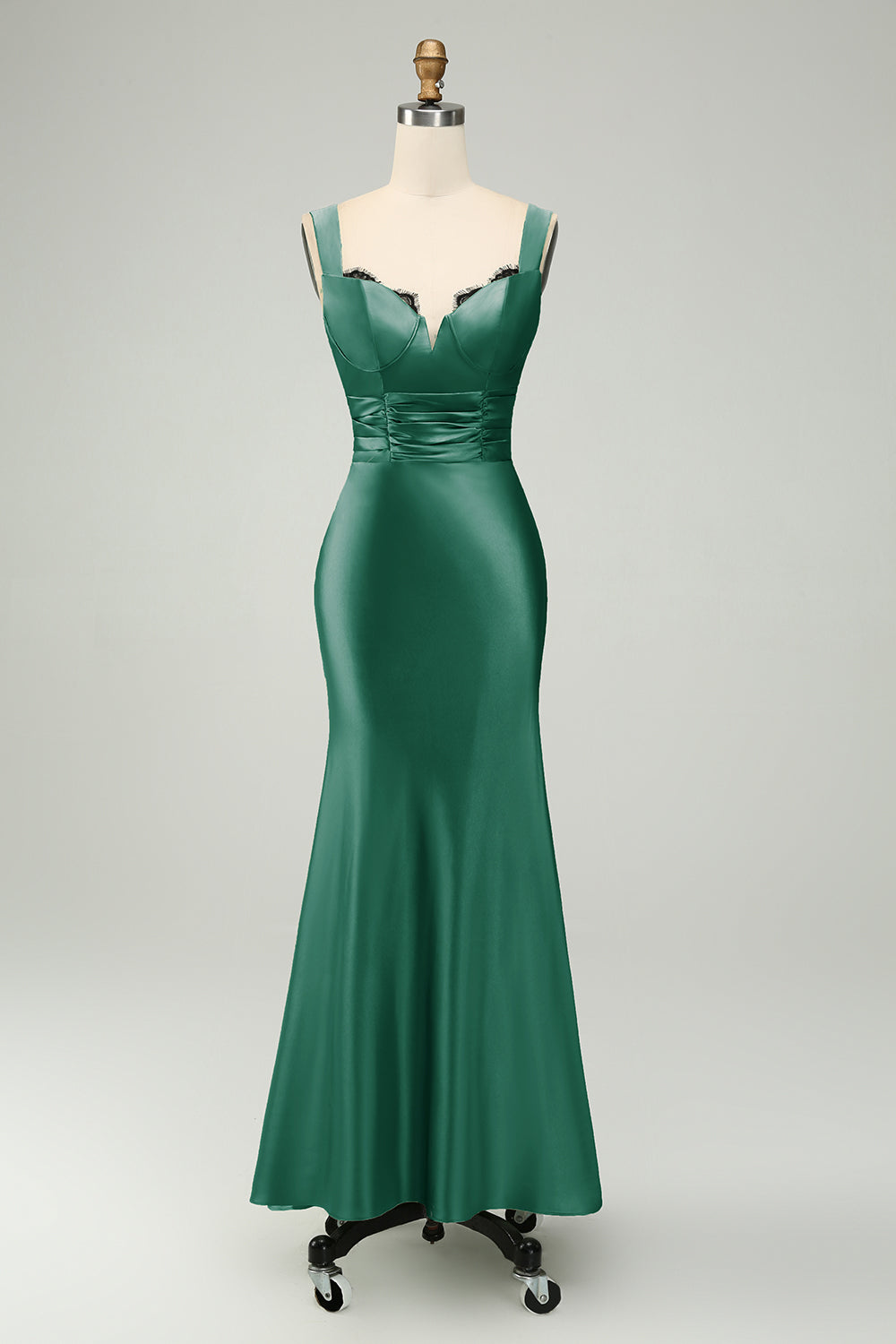 Vestido largo de dama de honor de sirena de satén verde con encaje de pestañas