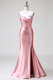 Vestido de fiesta de satén con tirantes de sirena y rubor con abertura