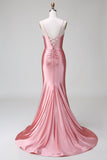 Vestido de fiesta de satén con tirantes de sirena y rubor con abertura