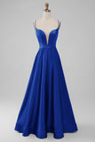 Vestido largo de dama de honor largo con escote en V azul polvoriento con cuello en V