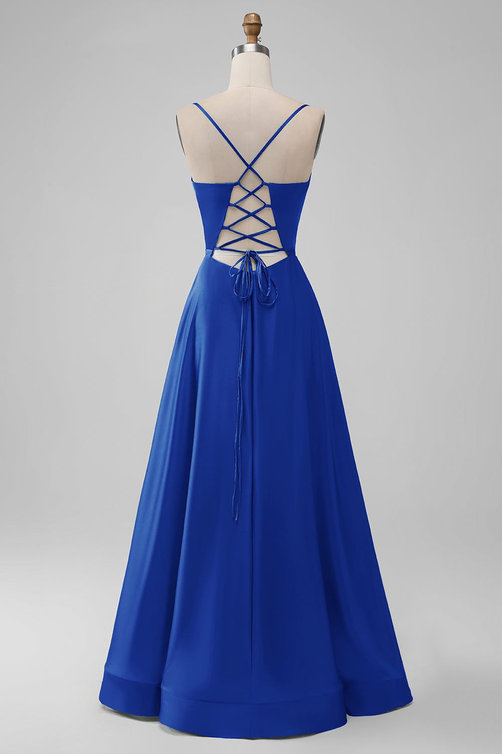 Vestido largo de dama de honor largo con escote en V azul polvoriento con cuello en V