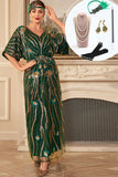 Vestido largo de lentejuelas de lentejuelas verde oscuro brillante de la década de 1920 con conjunto de accesorios