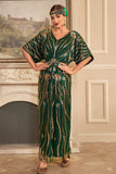 Vestido largo de lentejuelas de lentejuelas verde oscuro brillante de la década de 1920 con conjunto de accesorios