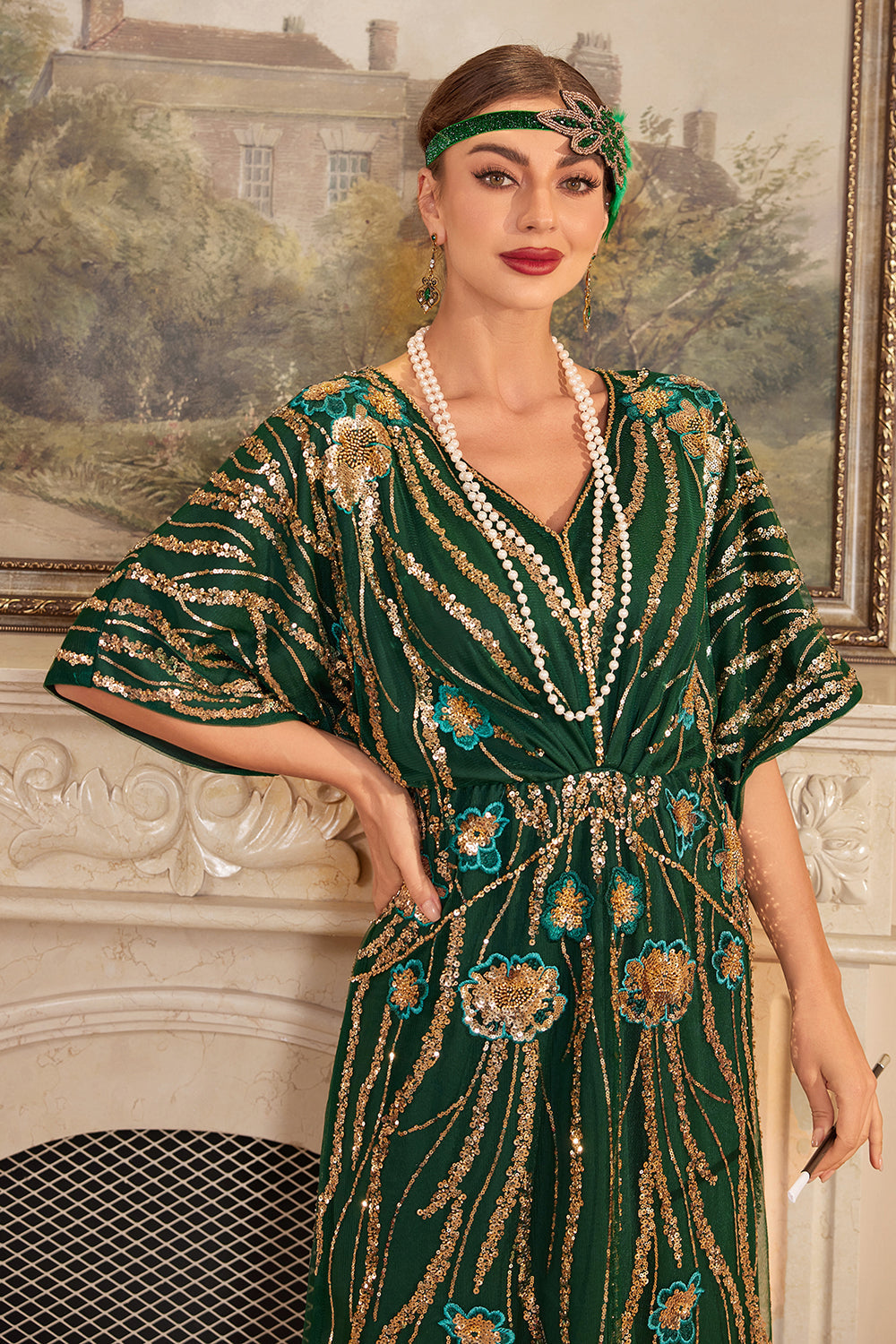 Vestido largo de lentejuelas de lentejuelas verde oscuro brillante de la década de 1920 con conjunto de accesorios