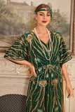 Vestido largo de lentejuelas de lentejuelas verde oscuro brillante de la década de 1920 con conjunto de accesorios