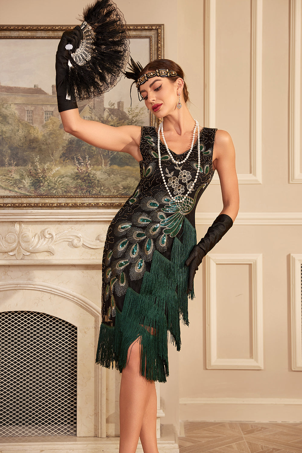 Vestido con flecos de lentejuelas verde oscuro de la década de 1920 con conjunto de accesorios