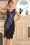 Vestido azul real brillante con flecos de cuentas de la década de 1920 con conjunto de accesorios