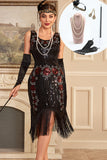 Vestido Flapper negro sin mangas con flecos brillantes y conjunto de accesorios