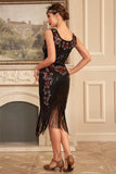 Vestido Flapper negro sin mangas con flecos brillantes y conjunto de accesorios
