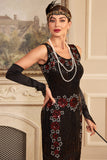 Vestido Flapper negro sin mangas con flecos brillantes y conjunto de accesorios