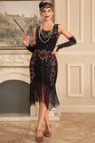 Vestido Flapper negro sin mangas con flecos brillantes y conjunto de accesorios