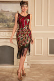 Vestido flapper con flecos de lentejuelas burdeos brillantes de la década de 1920 con conjunto de accesorios