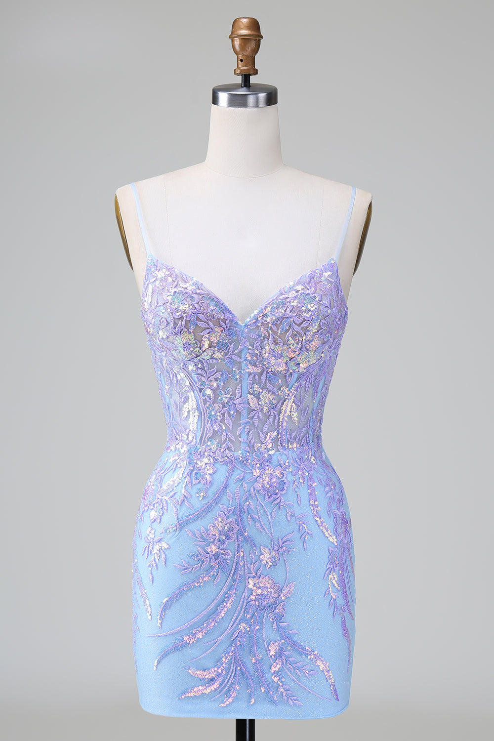 Vestido de cóctel corto con espalda abierta y corsé de lentejuelas azul con bordado