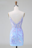Vestido de cóctel corto con espalda abierta y corsé de lentejuelas azul con bordado