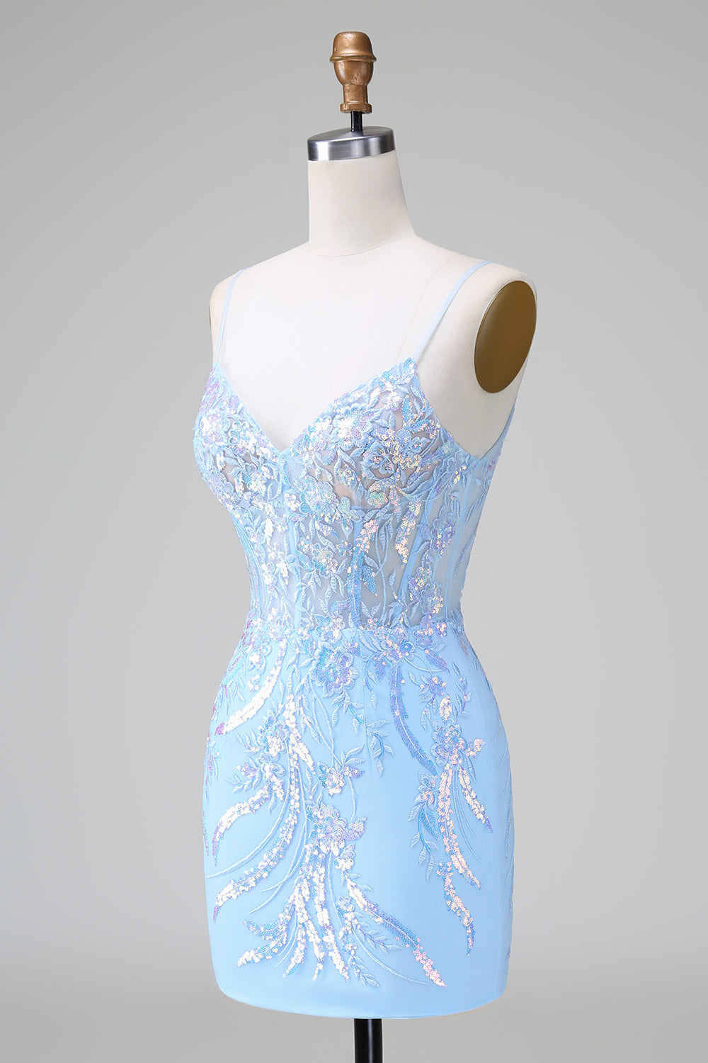 Vestido de cóctel corto con espalda abierta y corsé de lentejuelas azul con bordado