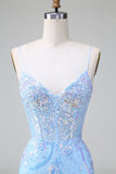 Vestido de cóctel corto con espalda abierta y corsé de lentejuelas azul con bordado