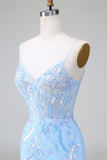 Vestido de cóctel corto con espalda abierta y corsé de lentejuelas azul con bordado