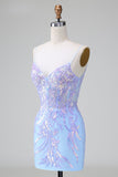 Vestido de cóctel corto con espalda abierta y corsé de lentejuelas azul con bordado